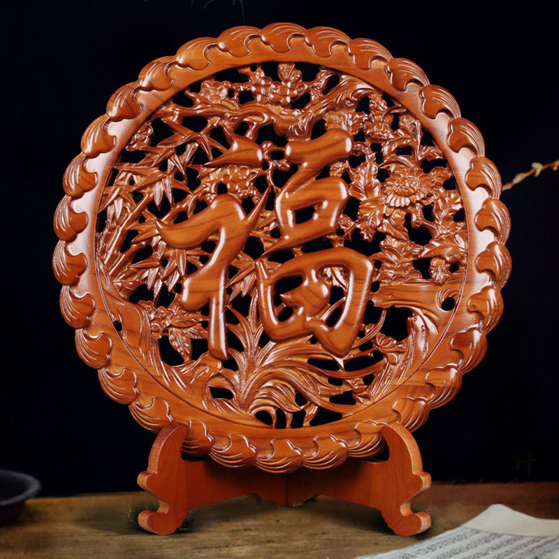 雕刻福字桃木摆件实木客厅玄关摆件镇宅家居装饰工艺品跨境代发