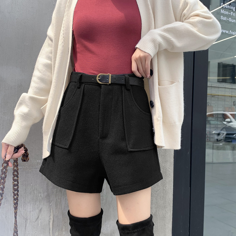 黑色运动裤毛呢短裤女2021爆款时尚新款阔腿高腰a字显瘦冬天外穿配