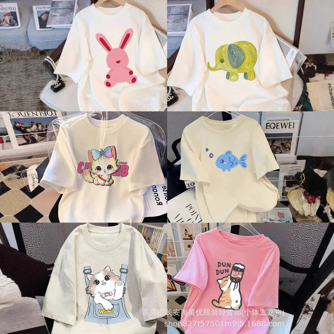 2025夏季地摊女装卡通短袖t恤女韩版宽松纯棉体恤上衣打底衫批发