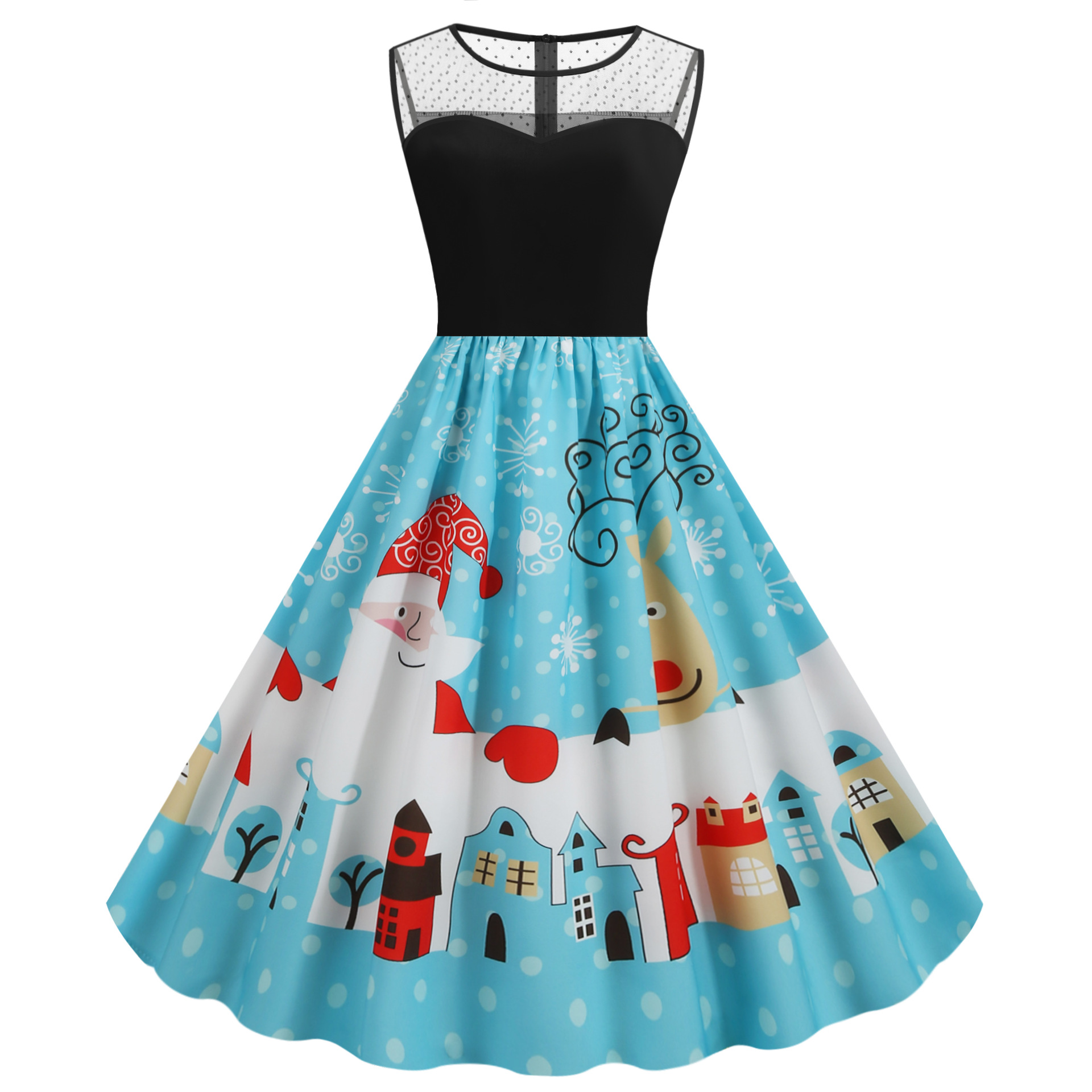 实拍eaby亚马逊复古赫本风圆领网纱拼接大摆裙圣诞印花连衣裙