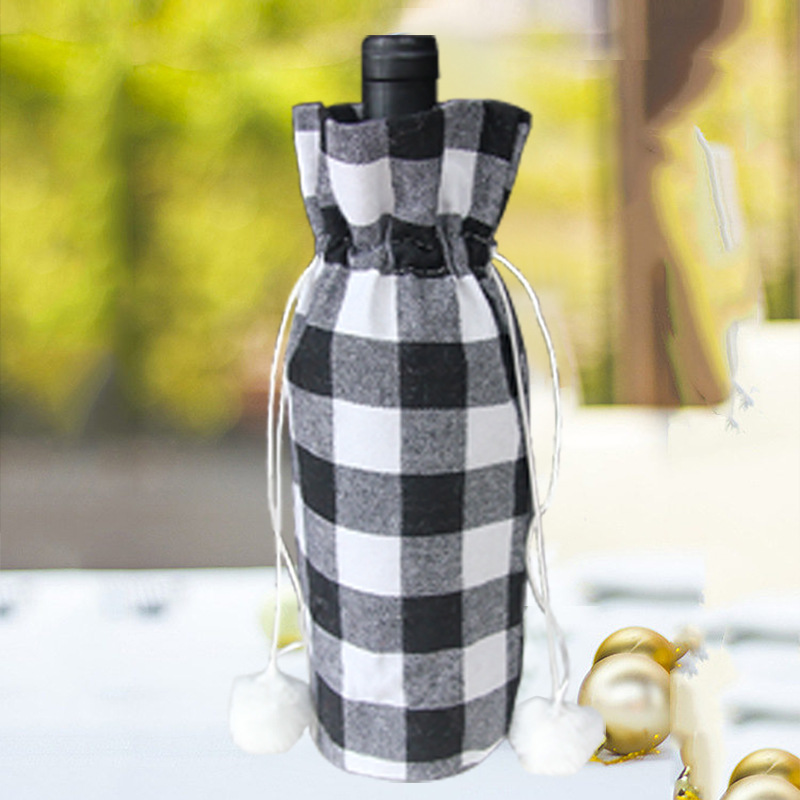 Linen Drawstring Red Wine Bag Wholesale Christmas Checked Cloth Wine Bag Spot Drawstring Bundle Linen Wine Packaging Bags