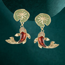 中国风新款荷叶耳钉年年有余鲤鱼耳坠红色锦鲤耳环设计感女潮耳饰