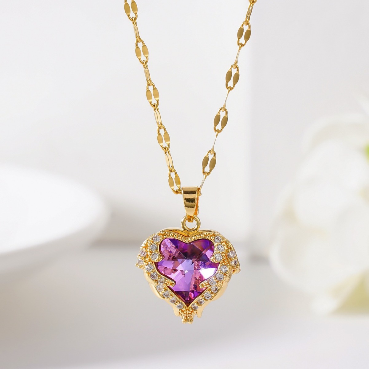 轻奢蓝紫色水晶海洋之心项链女高级感不褪色锁骨链网红百搭吊坠女