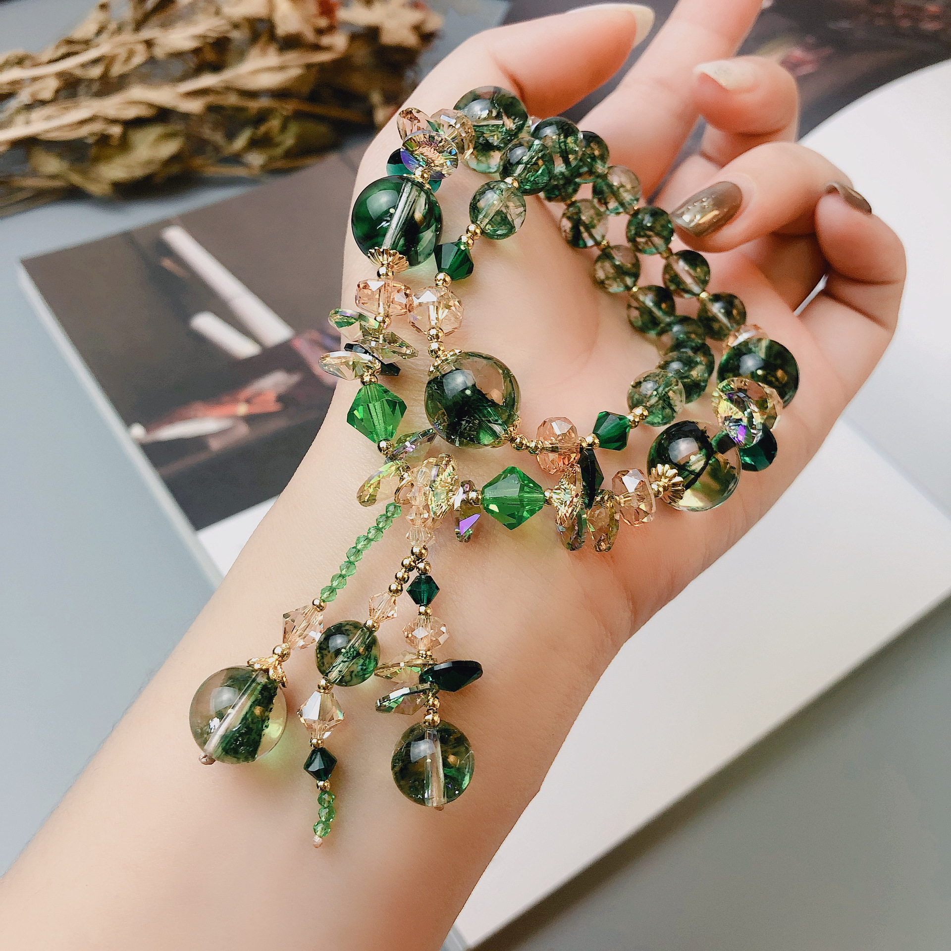 茶晶凤羽幽灵金发晶手链两圈奥地利水晶手串手工串珠饰品配饰首饰