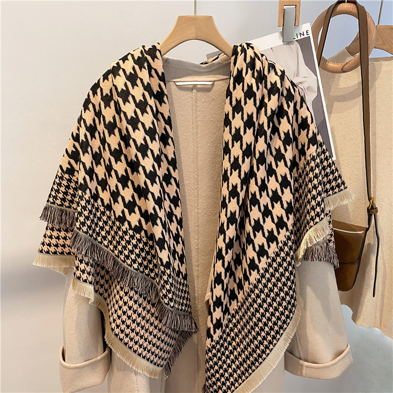 Houndstooth Scarf for Women Winter 2022 New Four-Side Scarf Artificial Cashmere Scarf Wholesale Factory Thickened Shawl Scarf