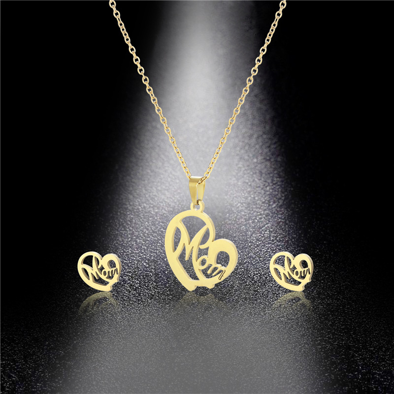 Europe and America Cross Border Jewelry Stainless Steel Heart Mom Necklace and Earring Suit Fashion Heart Clavicle Chain in Stock Wholesale