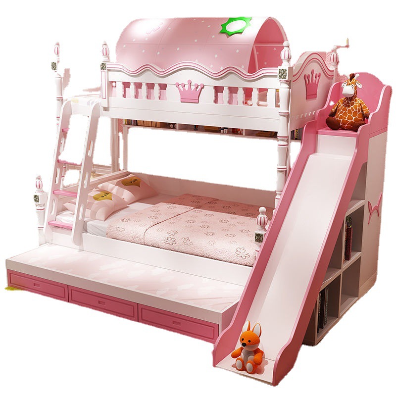 美式高低床滑梯女孩公主上下铺两层城堡双层床儿童房家具套装组合