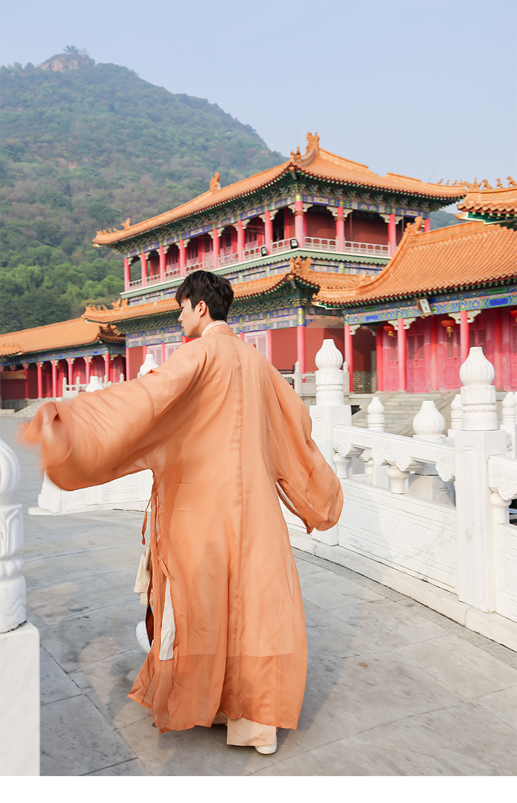 中国风男士汉服古装长褙子大袖外套交领长衫衣古风套装杏黄道袍秋