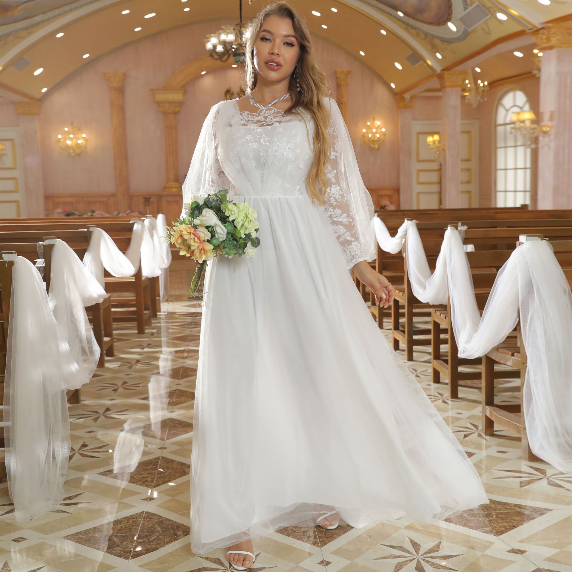 2021欧美婚纱礼服蕾丝大摆白色长袖网纱婚礼礼服