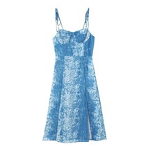 2023夏季新款冰蓝色印花吊带连衣裙收腰显瘦开叉中长裙子