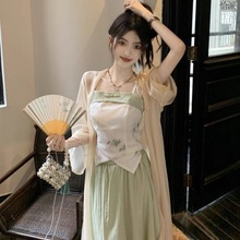 新中式女装国风改良汉服汉元素小个子绿色吊带连衣裙三件套女夏毓