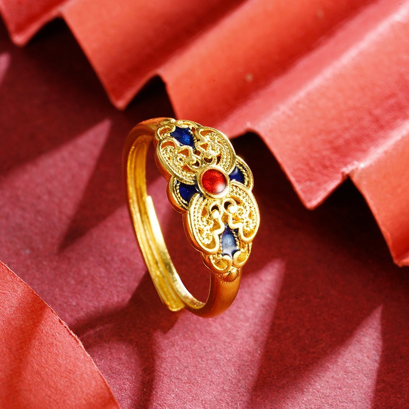 国潮复古风珐琅花丝戒指古法沙金小众设计民族风开口指环不掉色