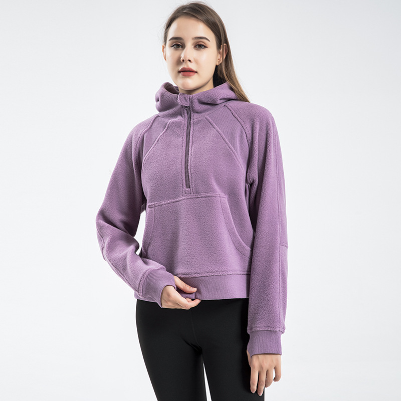 Lulu Short Polar Fleece Sports Hoodie Women's Half Zipper Yoga Running Thickened Workout Top Coat