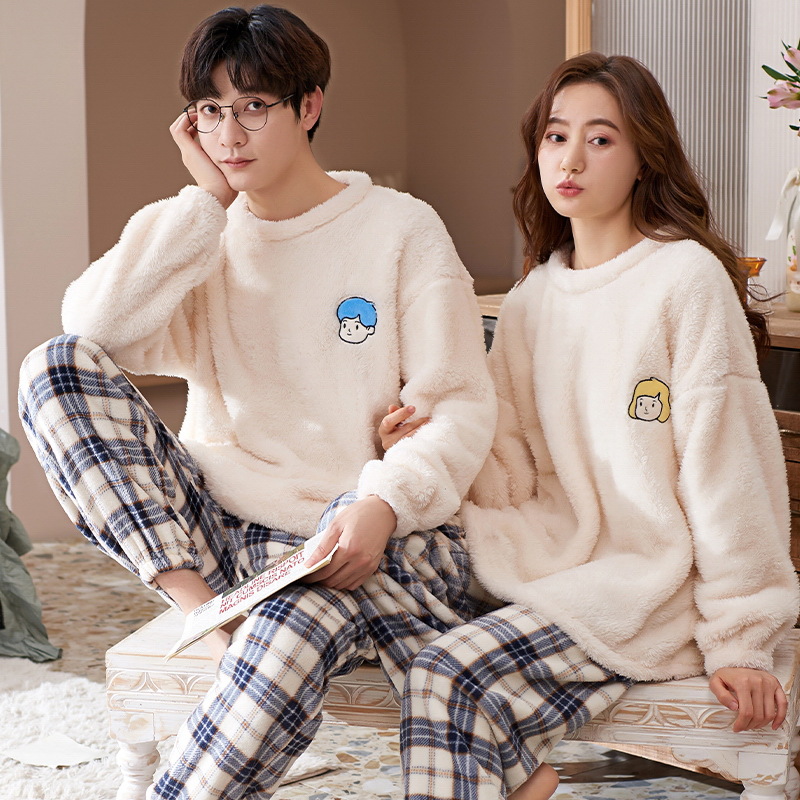 Chun Baifen Couple Pajamas Autumn and Winter Coral Fleece Men's and Women's Thickened with Flannel Hooded Winter Winter