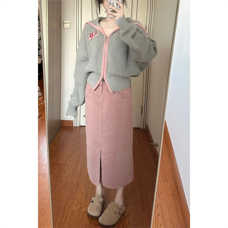 小香风双拉链针织开衫套装女秋季翻领毛衣外套高腰显瘦牛仔半身裙