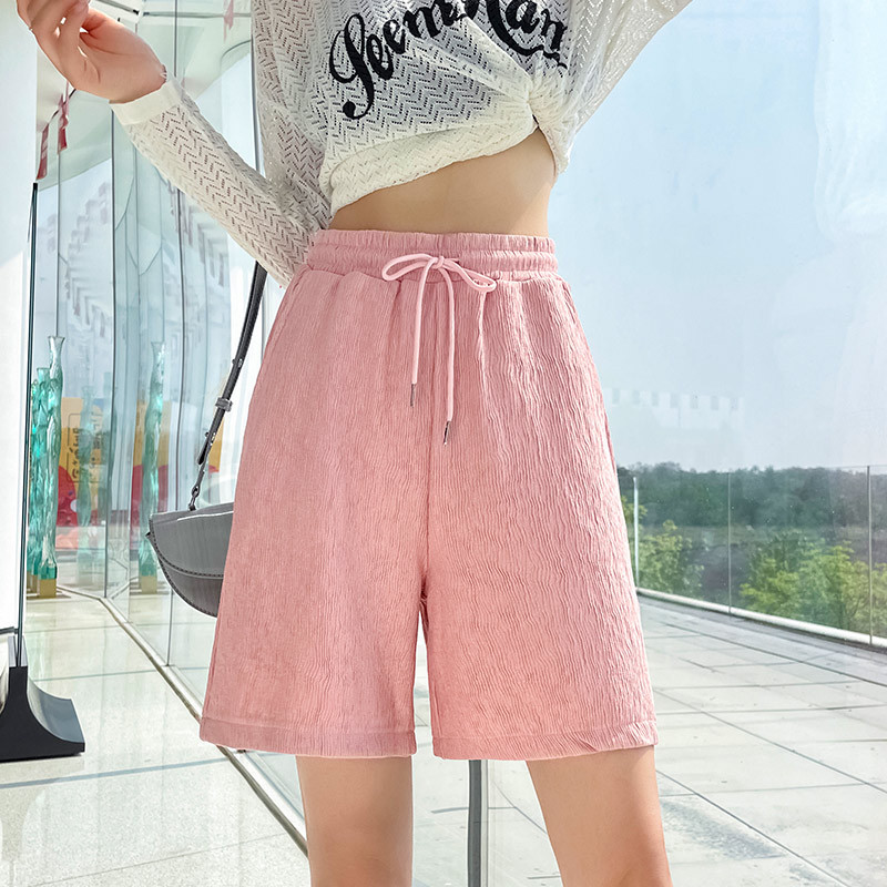 Pink Sports Shorts Women's Summer Thin Bark Wrinkle Loose Outer Wear Running Leisure Hot Pants High Waist Cropped Pants
