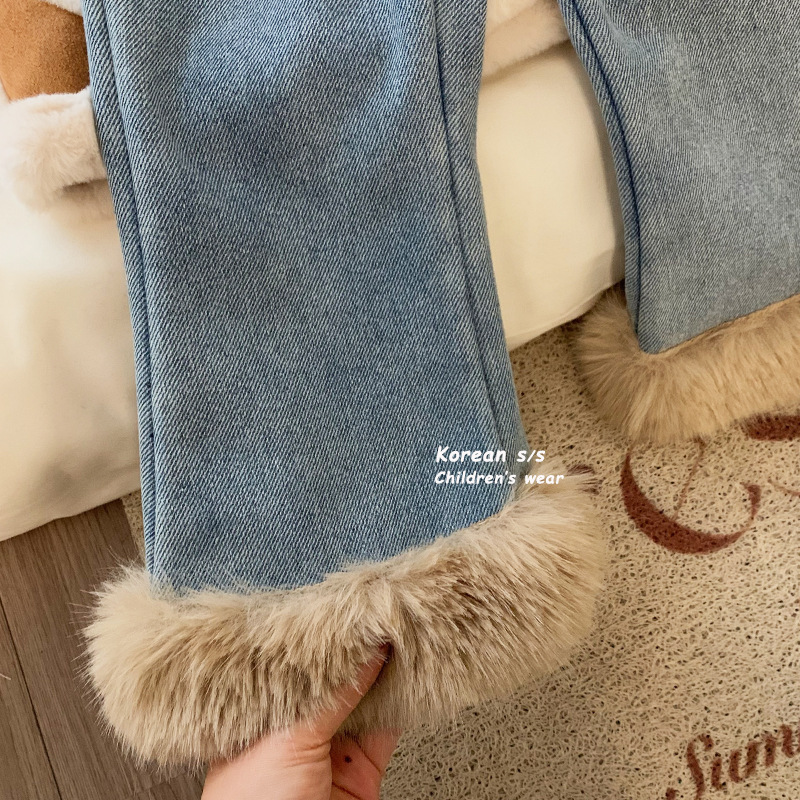 Deer Deer Girls' Fleece-Lined Trousers 2023 Winter New Children's Foot Mouth Fur Single-Layer Fleece-Lined Denim Bell-Bottom Pants