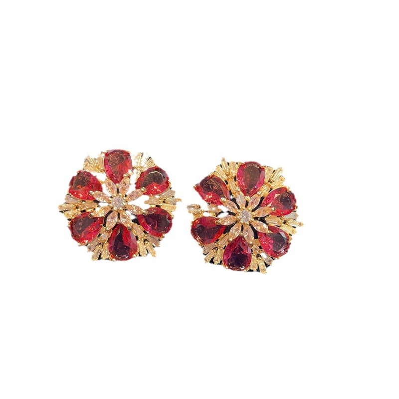 Sterling Silver Needle Color Flower Snowflake Stud Earrings Female Earrings Micro Inlaid Zircon Copper-Plated Gold High Quality Ornament Manufacturer