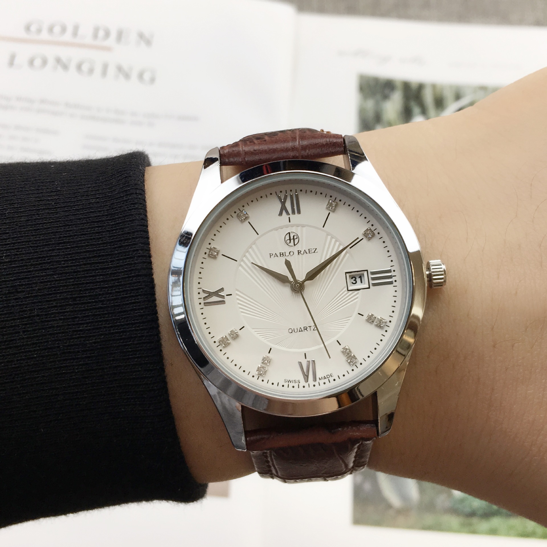pablo raez棕色男士气质皮带腕表非机械表日历商务石英表包邮