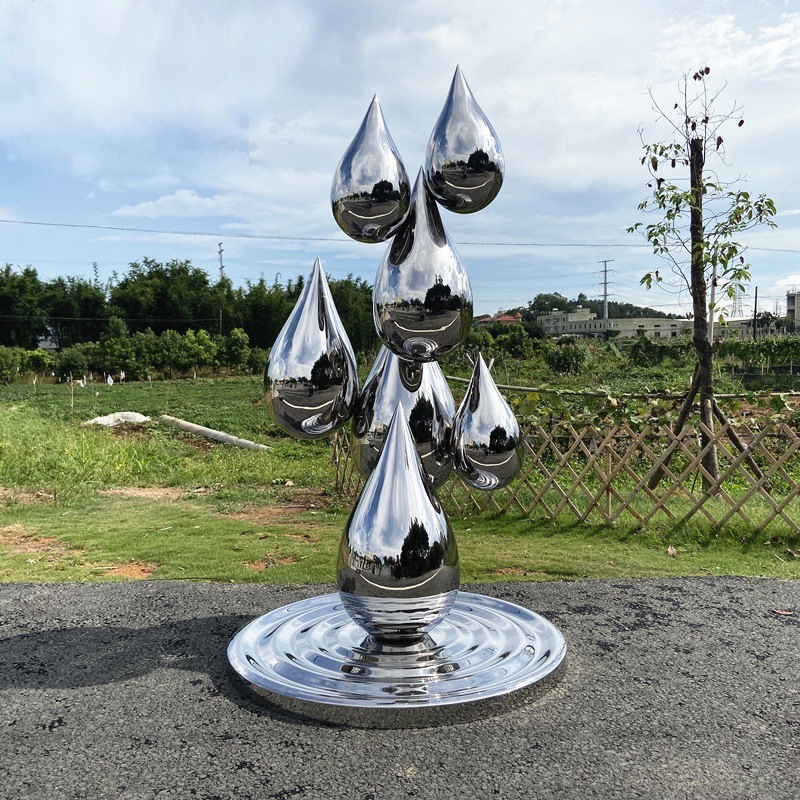 户外不锈钢镜面水盘水滴造型摆件草坪装饰品商场园林水池景观雕塑