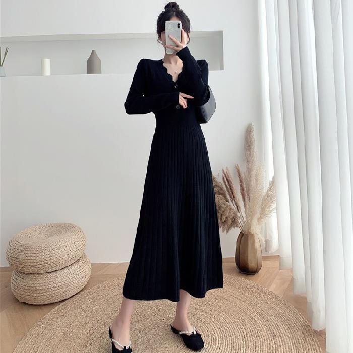 French Style below the Knee Slimming Knitted Dress Autumn Elegant Winter Tight Waist Gentle Fairy Lady Bottoming Skirt Woolen Skirt