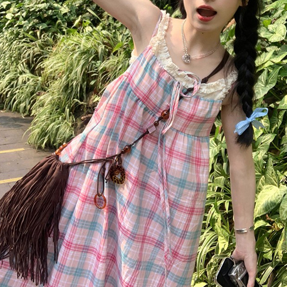 少女风粉色格纹吊带裙2023夏季新款时尚学生装吊带裙 打底两件套