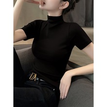 黑色短袖T恤女针织半高领打底衫内搭春夏季洋气螺纹半袖上衣