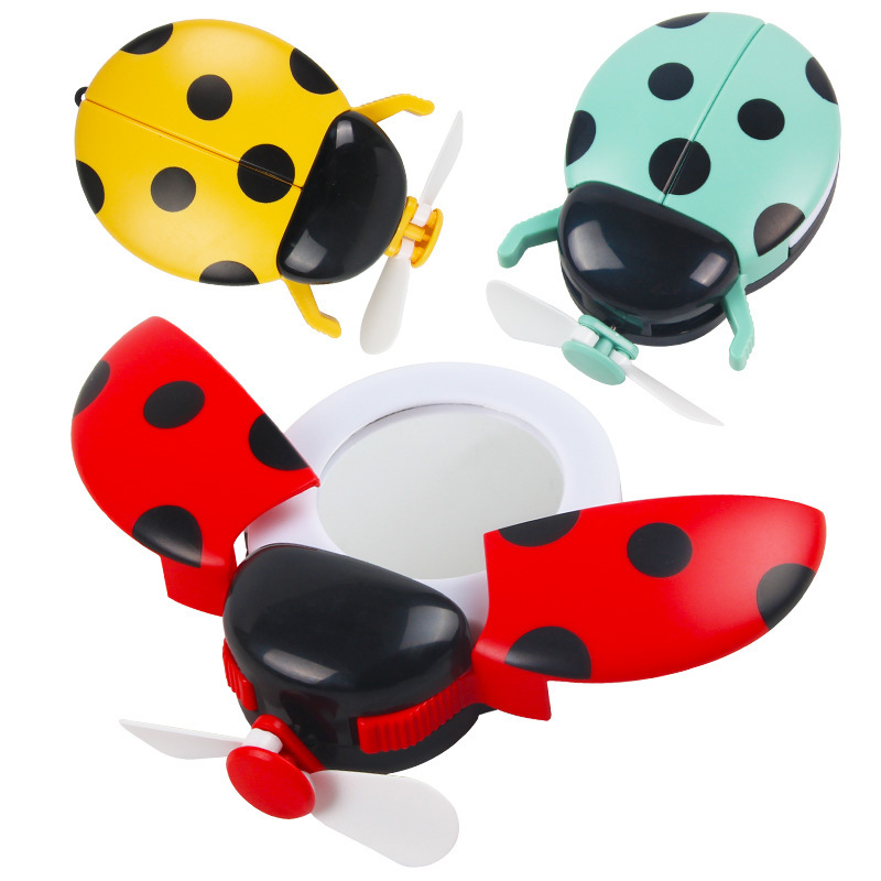 USB Rechargeable Portable LADYBIRD Portable Beauty Mirror with Light Little Fan Handheld New Creative Gift