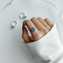 s925纯银海蓝宝水晶戒指女椭圆简约ins时尚潮流可调节高级感指环