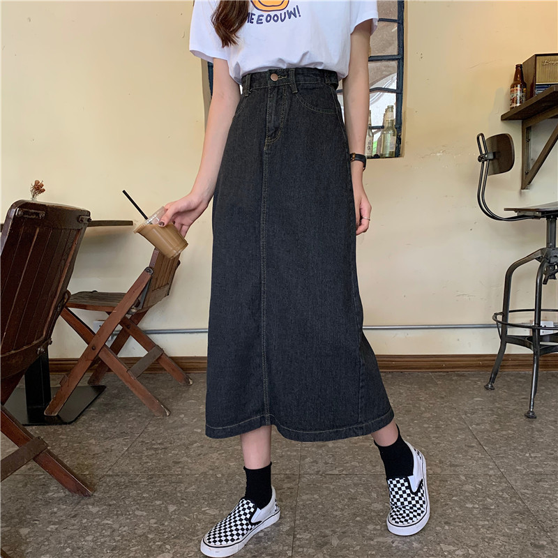   Summer New High Waist Denim Skirt Women's arge Size Mid-ength Skirt A- ine Skirt Student Korean Style Package Hip Skirt