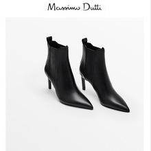 Massimo Duti靴子2023冬黑色真皮尖头细高跟短靴弹力靴踝靴瘦瘦靴