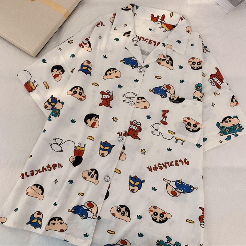 日系卡通睡衣女夏季新款可爱蜡笔小新短袖短裤学生开衫家居服套装