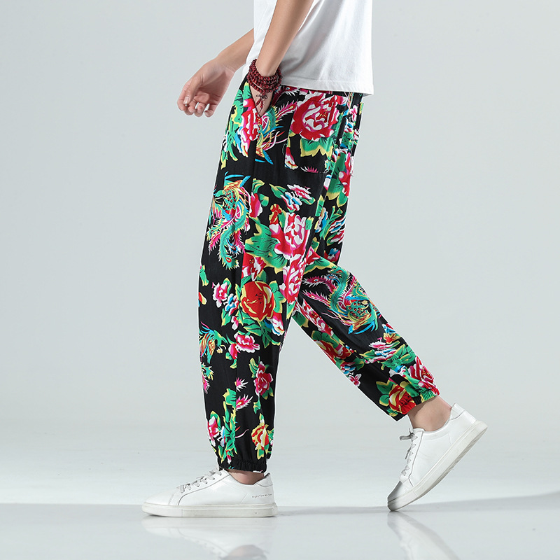 夏季阔腿裤子男士东北大花裤潮大码束脚休闲裤男中国风收脚花裤子