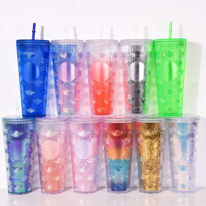 Star Dad's Same Cactus Cup Double-Layer Plastic Cup Creative Durian Cup with Straw Portable Fishtail Cup 710ml