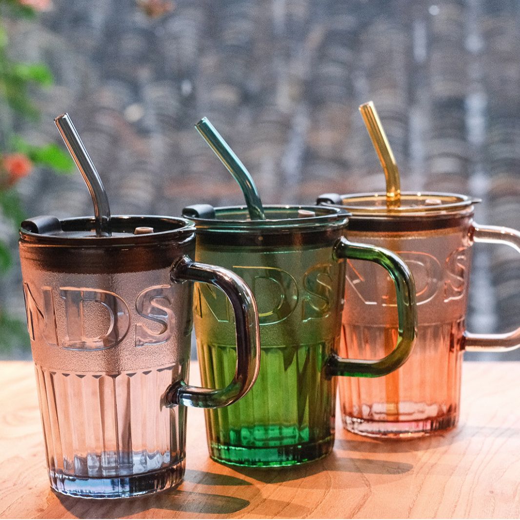 Ws Style Letter Straw Cup Coffee Cup Milk Tea Juice with Goods Internet Celebrity Wholesale Gift Handle Glass