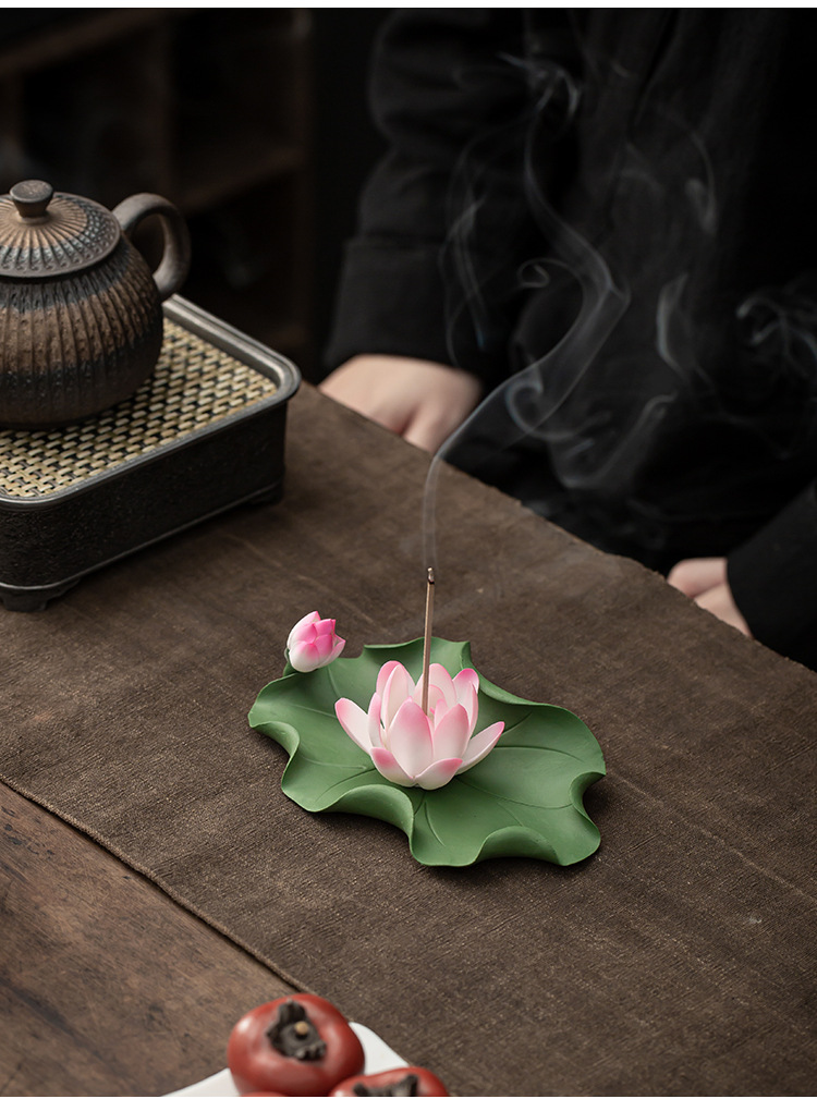 手工捏花香插香炉陶瓷茶宠摆件荷花线香禅意香托香座香盘家用