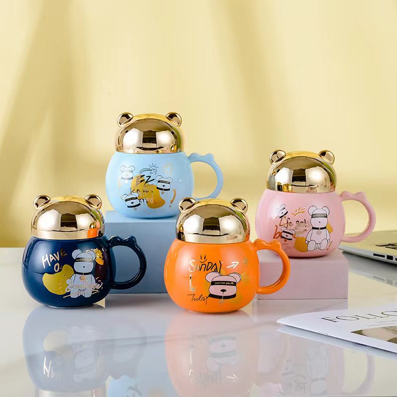 Cross-Border Cartoon Bear Ceramic Mirror Cup with Lid Cute Girl Couple Water Cup Opening Event Gift Mug