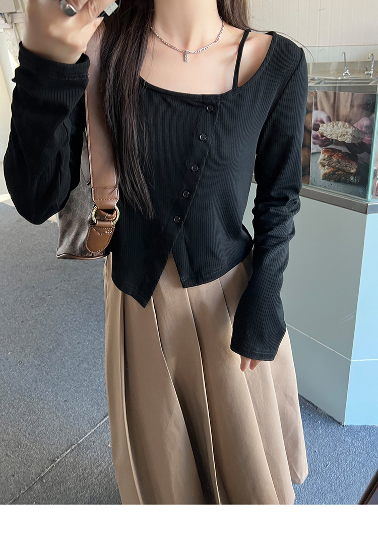 微胖mm大码不规则针织打底衫女2022年秋季新款纯色斜扣内搭上衣详情6