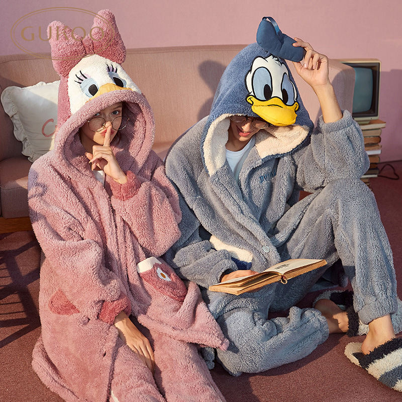 gukoo/果壳情侣睡衣迪尼秋冬珊瑚绒睡衣套装卡通可爱家居服情侣