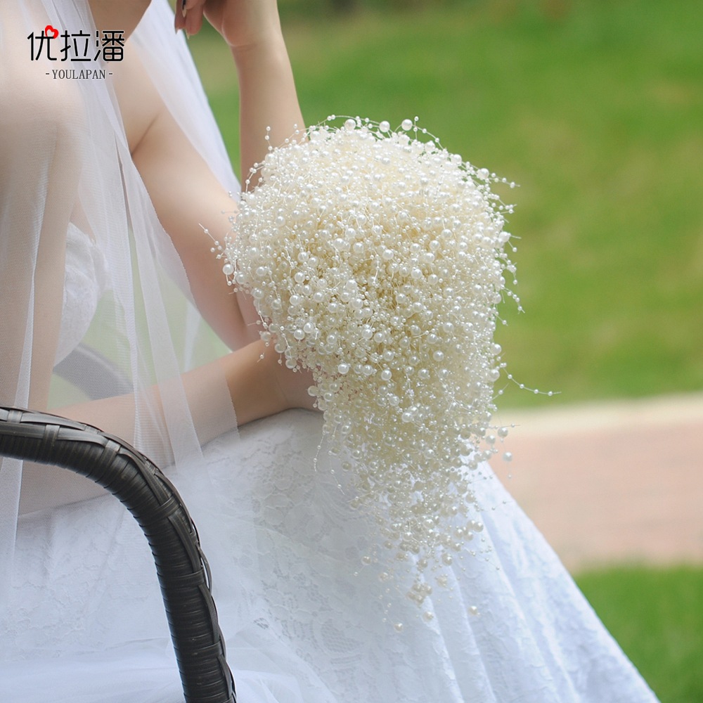 优拉潘 新娘手工珍珠手捧花婚礼饰品 满天星花束新娘婚礼配饰hf24