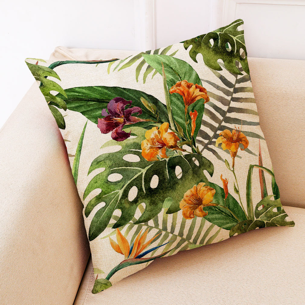 New Tropical Plant Printed Cotton and Linen Pillow Car Cushion Sofa Cushion Cross-Border Home Fabric Decoration Wholesale