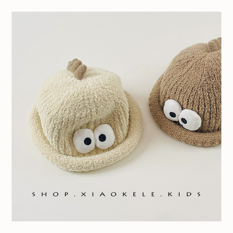 韩版儿童针织帽子秋冬新款可爱恐龙渔夫帽男女童宝宝保暖毛线盆帽