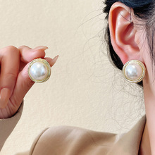 S925银针港风复古珍珠耳钉女法式高级感简约气质耳环网红同款耳饰