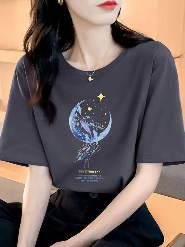 Loose-Fitting Pure Cotton Short Sleeves T-shirt Women's Summer Wear New Beautiful Top Design Printed Sweater Women's round Neck Spring and Autumn