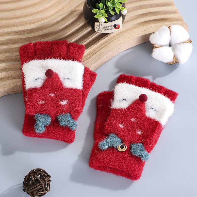 儿童手套冬季中大童小学生女童女孩保暖半指翻盖露指半截男童写字