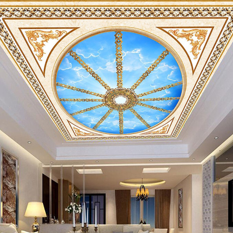 批发3d立体客厅装饰吊顶壁画款欧式天花板花纹蓝天简约现代墙纸复