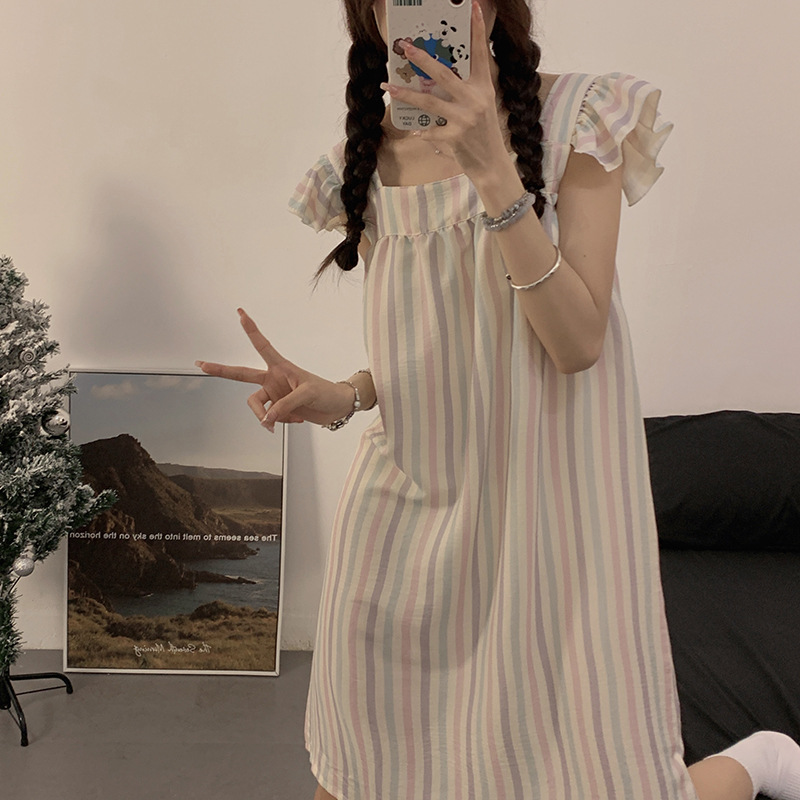 新款简约条纹睡裙女夏季甜美小飞袖中长裙睡衣韩版ims学生睡裙女