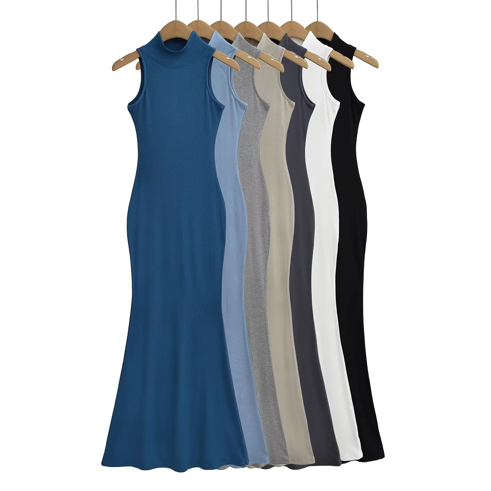 气质半高领美式背心连衣裙女欧美风内搭收腰弹力包臀鱼尾长裙子