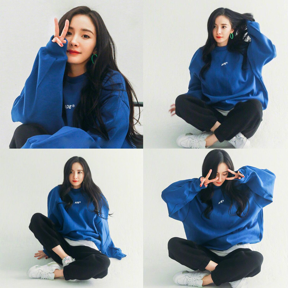 ae韩国潮牌aedr杨幂同款卫衣女春秋圆领杨幂蓝上衣宽松男女长袖bf