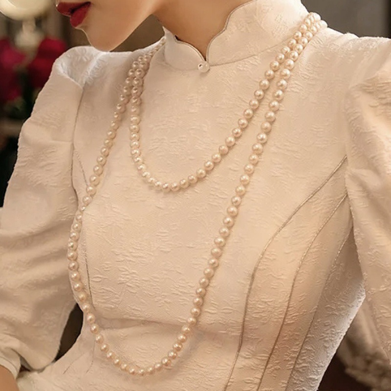 饰品 项链配旗袍珍珠项链双层长款女小香风宫廷毛衣链子复古469